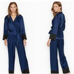 Victoria's Secret Sleep‎ Jumpsuit XL  Blue Satin Wide Leg Wrap Lounge Comfy